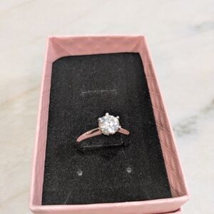 Sterling Silver Clear Crystal Solitaire Ring - Pink Presentation Box